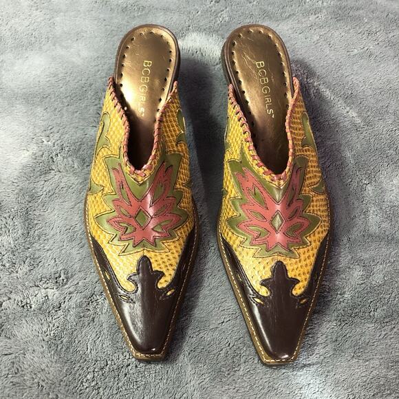 Y2K Women's 6.5B/36 BCBGirls Western Cowboy Boots Slip-On Mules Inlaid leather - Picture 1 of 10